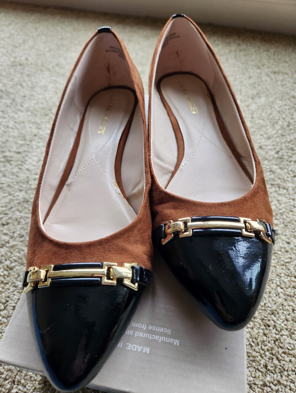 Laura Ashley La Blanca Cognac Suede Flats with Black Patent Toe and Gold Accent